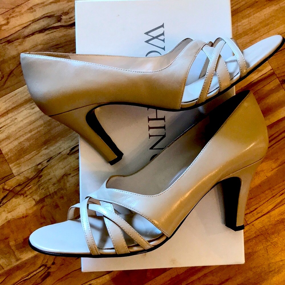 Taupe Leather Strappy nude open toe high heel shoes pumps peep toe cross cross